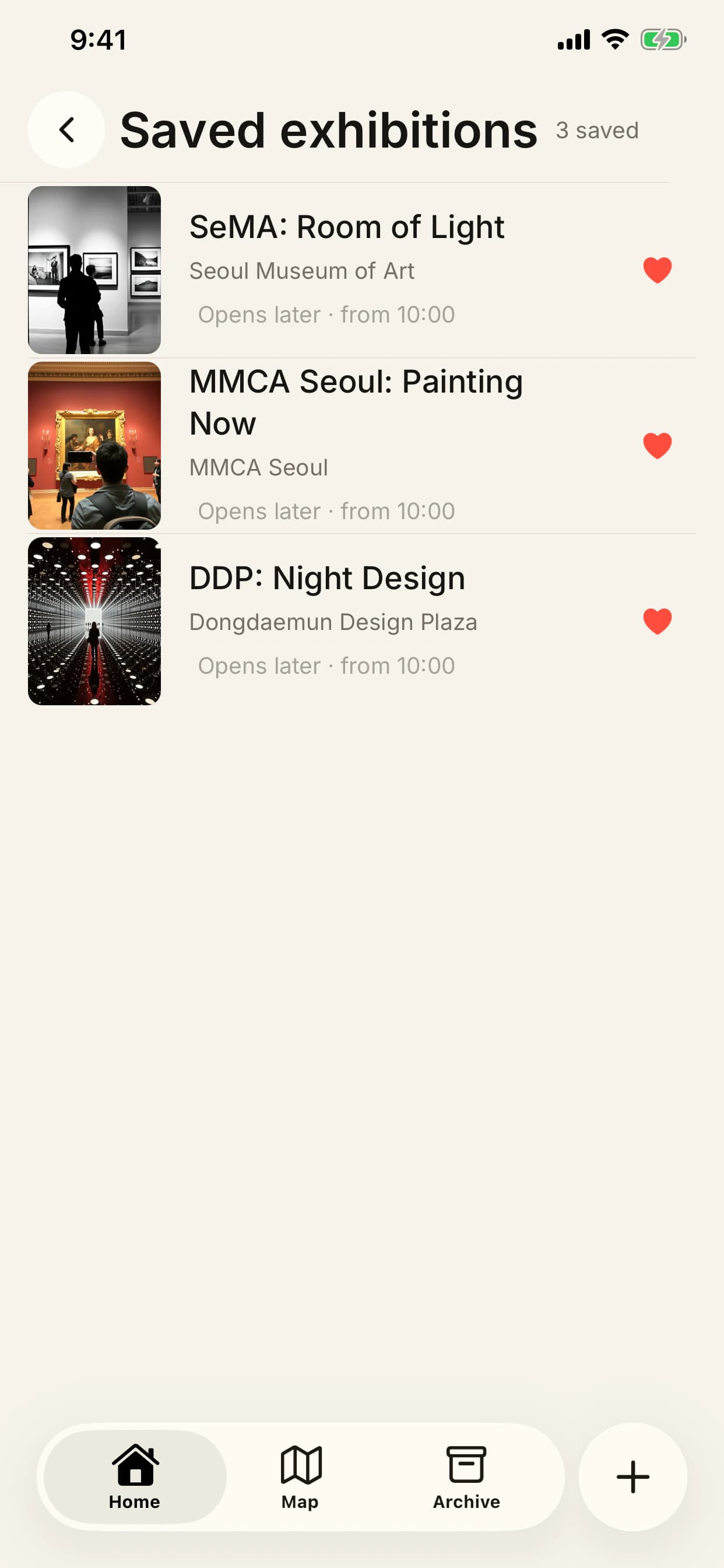 MYMU saved exhibitions screen